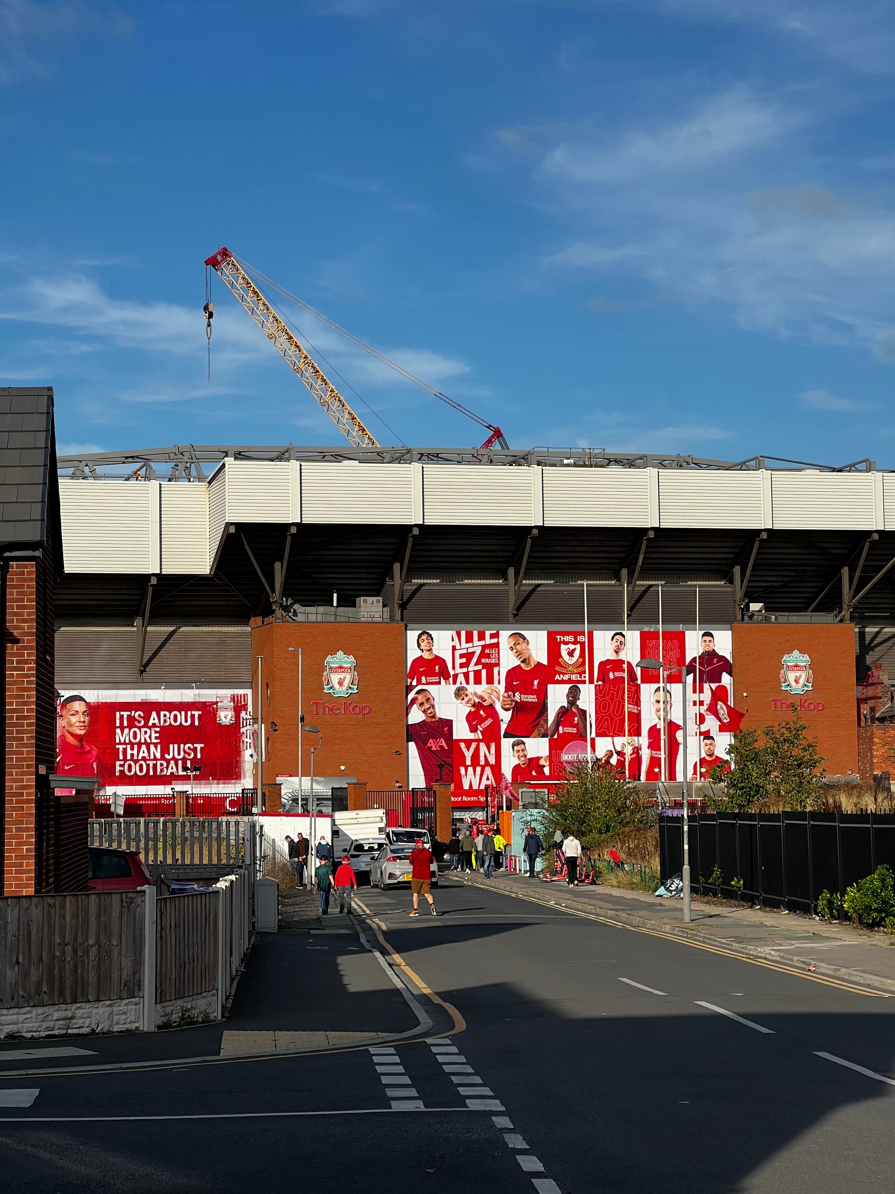Liverpool FC crest on the exterior of Anfield Stadium