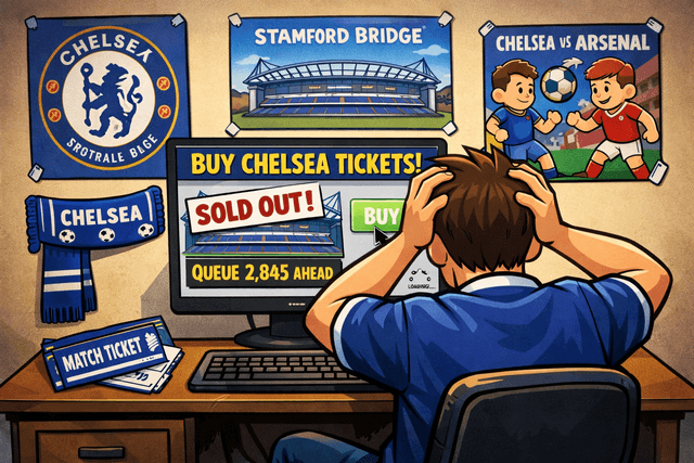 Cartoon of Chelsea fan trying to buy online tickets